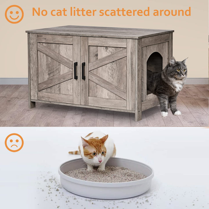 omhedy Cat Litter Box Enclosure,Litter Box Furniture Hidden with Barn Door,Wooden Cat Washroom Furniture,Cat House
