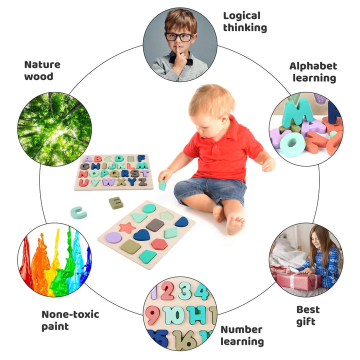 Voamuw Wooden Puzzles for Toddlers, wood Alphabet Number Shape Jigsaw for 3 4 5 Year Old Kids, Montessori Learning Educational Toys Gift for Boys Girls (Set of 3)