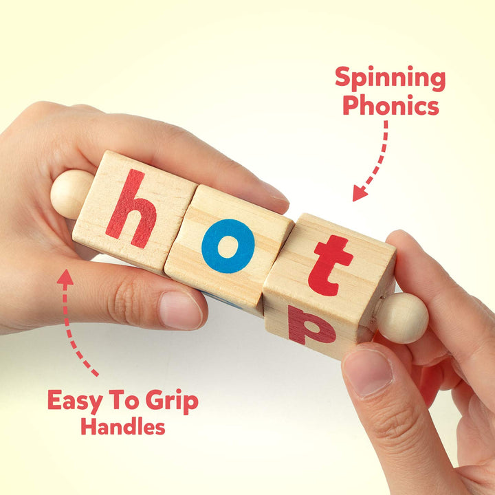Coogam Wooden Reading Blocks Short Vowel Rods Spelling Games, Flash Cards Turning Rotating Letter Puzzle for kids, Sight Words Montessori Spinning Alphabet Learning Toy for Preschool Boys Girls