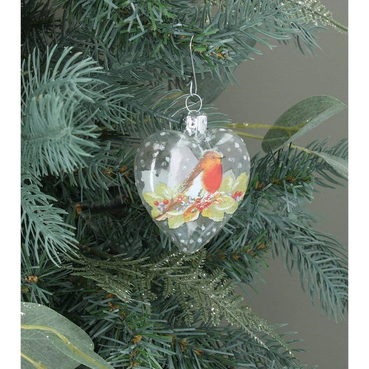 Glass Heart Christmas Ornament with Robin