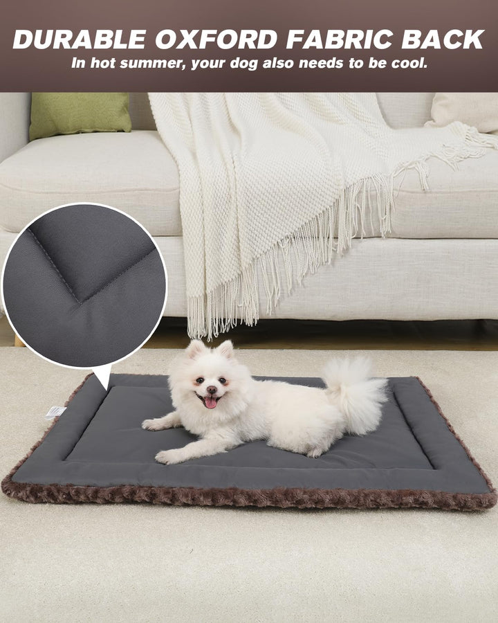 Washable Dog Bed Mat Reversible Dog Crate Pad Soft Fluffy Pet Kennel Beds Dog Sleeping Mattress for Large Jumbo Medium Small Dogs, 35 x 22 Inch, Brown