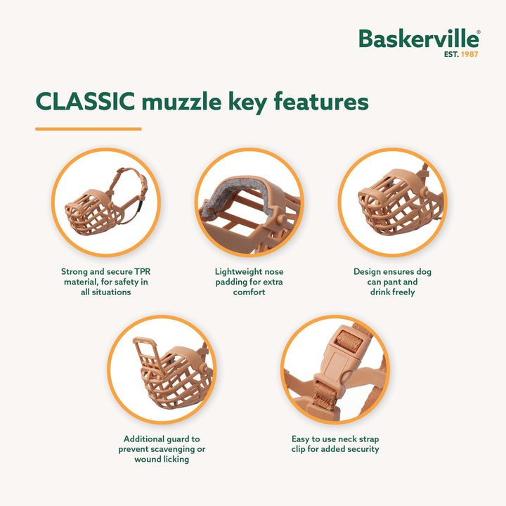 Baskerville Classic Basket Muzzle - Dog can Pant and Drink, Prevents Biting and Food Waste Scavenging