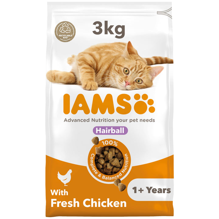 IAMS Hairball Complete Dry Cat Food for Adult and Senior Cats with Chicken 3 kg