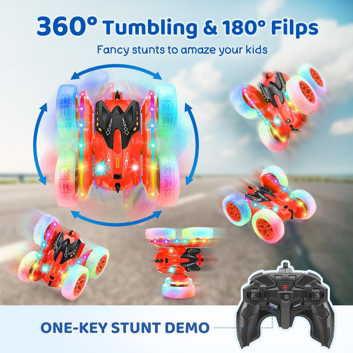 SGILE Remote Control Car, Stunt Car with Sides Light Strip and Headlights, 2.4Ghz Double Sided 360 Flips Rotating Race Car, Rechargeable RC Car Kids Toy for Boys Girls Birthday Gift, Red