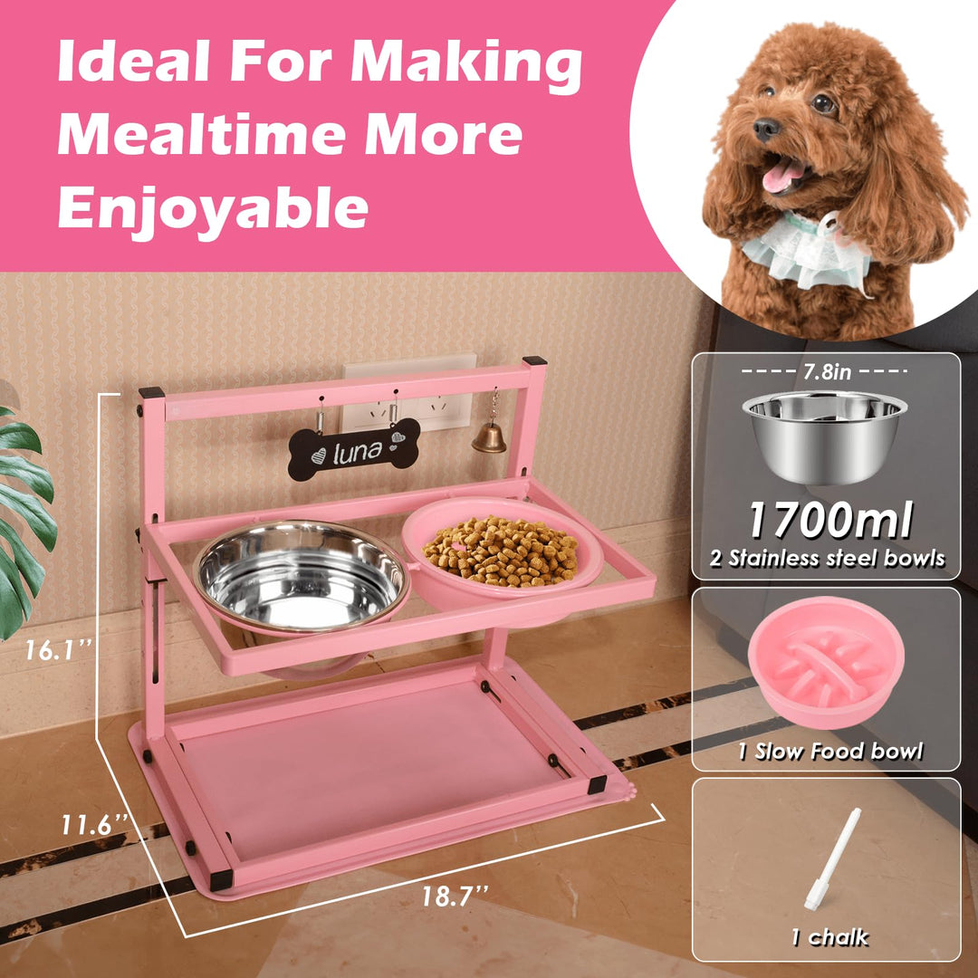 SHAINFUN Pink Raised Dog Bowl Stand with Two 1700ml Stainless Steel Food Bowl, a Slow Dog Feeder and Spill Proof Mat