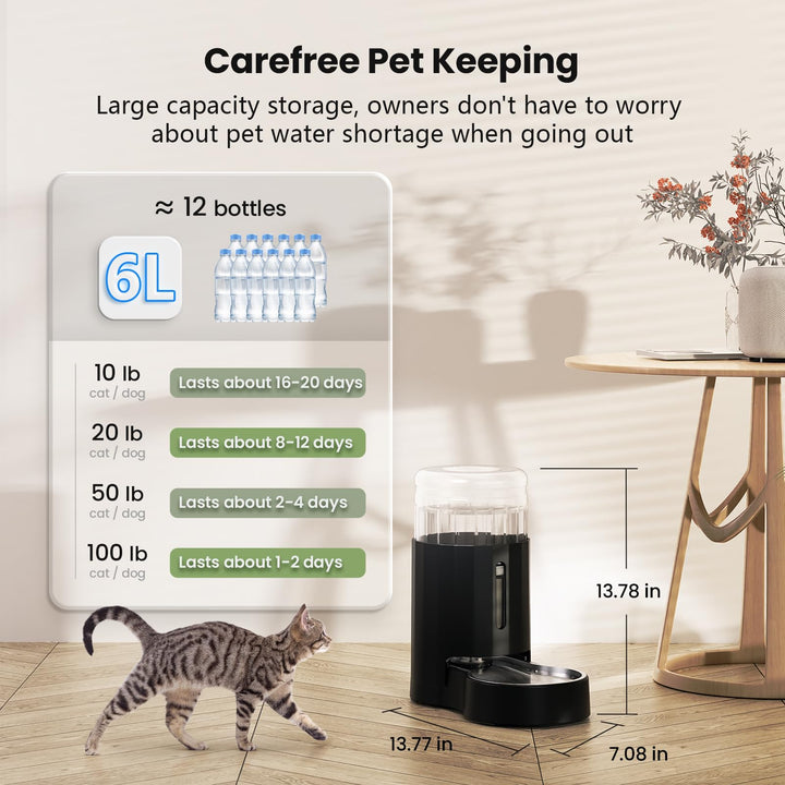 JUNSPOW Pet Water Dispensers, 6L Gravity Large Capacity Stainless Steel Water Dispenser, 100% BPA-Free Automatic Pet Waterer for Cats & Small/Medium-Sized Dogs, Black