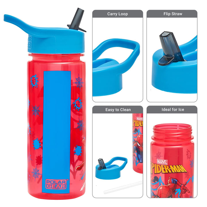 Marvel Spider-Man Personalised Sticker Water Bottle with Straw 500ml – Official Merchandise by Polar Gear Kids Reusable Non Spill BPA Free Tritan – Ideal For School Nursery Sports Picnic , Red & Blue