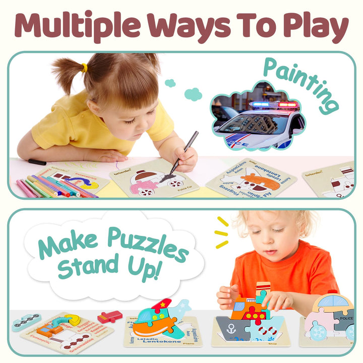 Beberolen Wooden Vehicle Puzzles for Toddlers 1 2 3 Years Old, Boys and Girls Educational Toys Gift with 4 Traffic Shape, Montessori Learning Toys for Kids Baby, Bright Vibrant Color Shape
