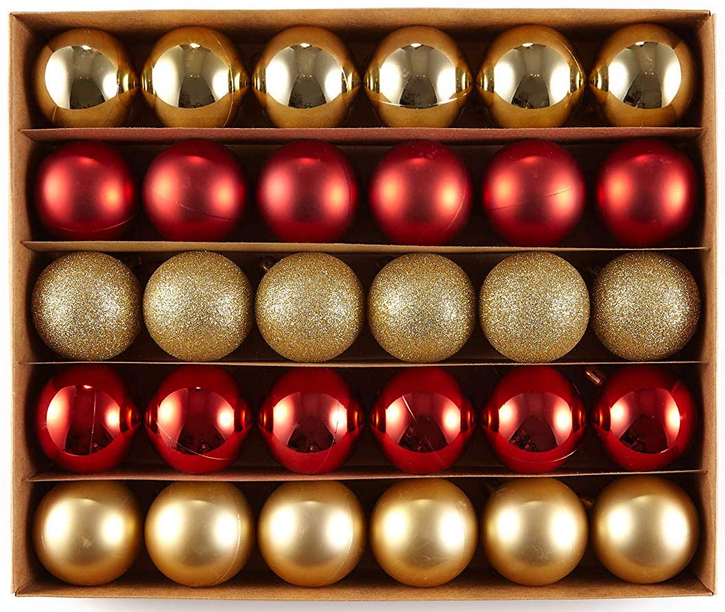 Set of 30 Red & Gold Shatterproof Christmas Tree Balls