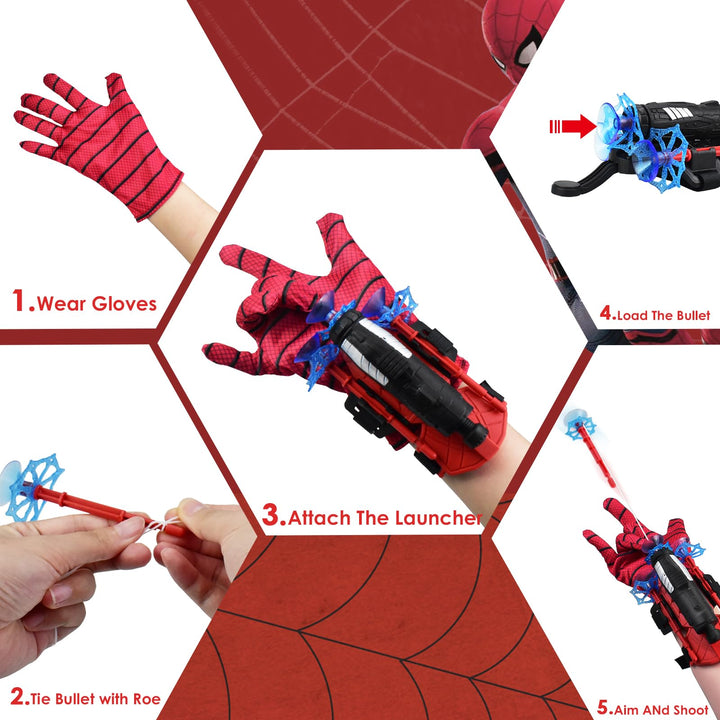 2PCS Spiderman Web Shooter,Spider Web Shooter with 6 Darts,Gloves for Kids, Costume Cosplay Gift (Red)