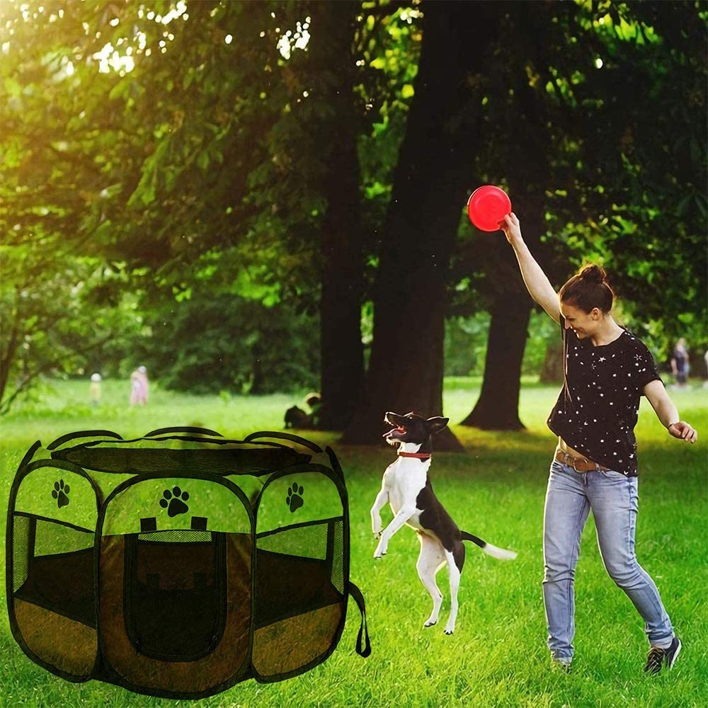 MYKOMI Portable Foldable Pet Playpen + Carrying Bag+Travel Bowl Available Exercise Pet Kennel Indoor/Outdoor Removable Mesh Shade Cover Water Resistant for Dogs/Cats Pink M(35x35x24in)