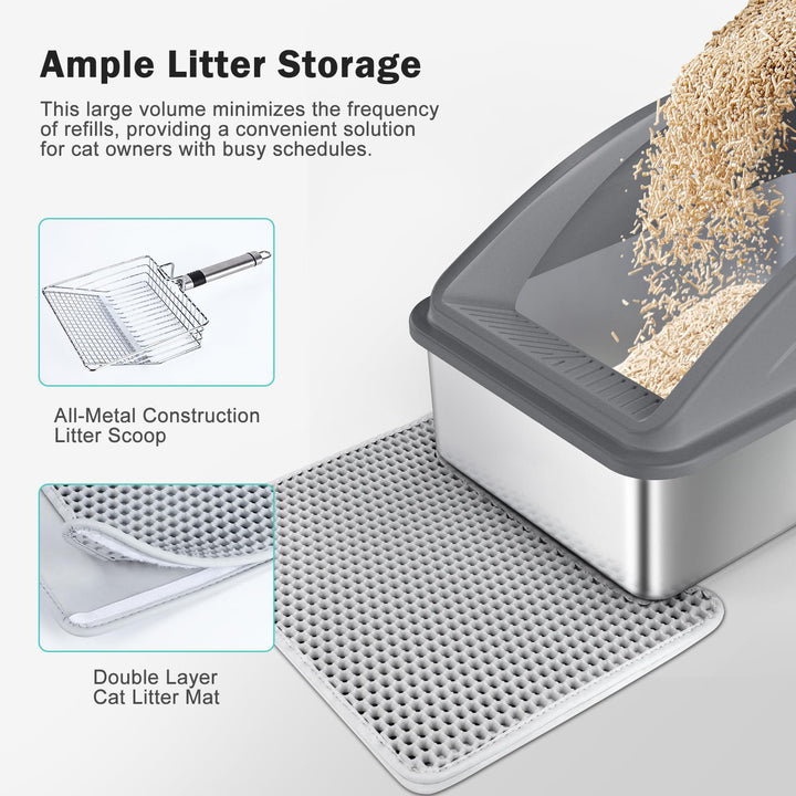 FURTIME Stainless Steel Cat Litter Tray Grey with Detachable Enclosure, 31cm High Sided Cat Litter Box Anti-Spillage and 60cm Extra Large Litter Tray with Lid for All Cats, with Litter Scoop & Mat