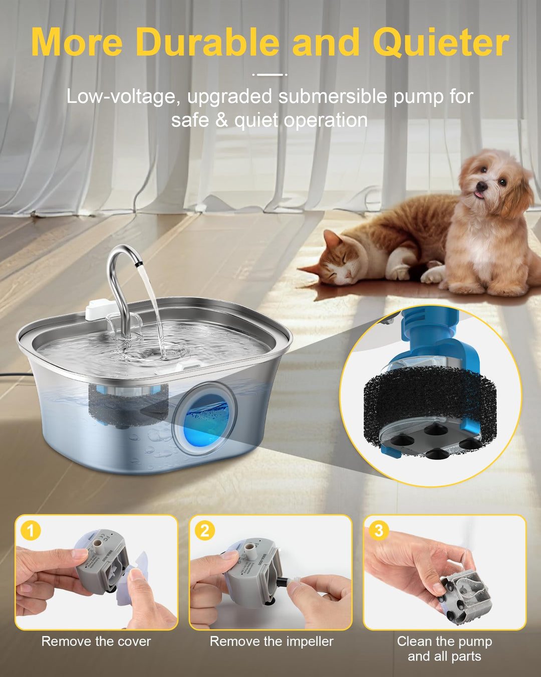 Cat Water Fountain for Drinking - 3.2L Stainless Steel Cat Water Fountain - Water Fountain Cat Bowl - Dog Water Fountain - Pet Water Dspensers Water Bowl with 8 Filters and 8 Foam Pre-Filter