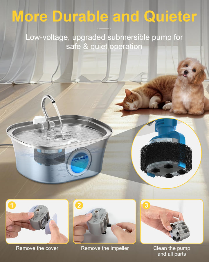 Cat Water Fountain for Drinking - 3.2L Stainless Steel Cat Water Fountain - Water Fountain Cat Bowl - Dog Water Fountain - Pet Water Dspensers Water Bowl with 8 Filters and 8 Foam Pre-Filter