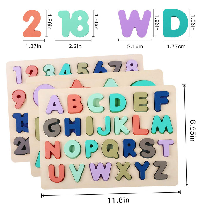 Voamuw Wooden Puzzles for Toddlers, wood Alphabet Number Shape Jigsaw for 3 4 5 Year Old Kids, Montessori Learning Educational Toys Gift for Boys Girls (Set of 3)