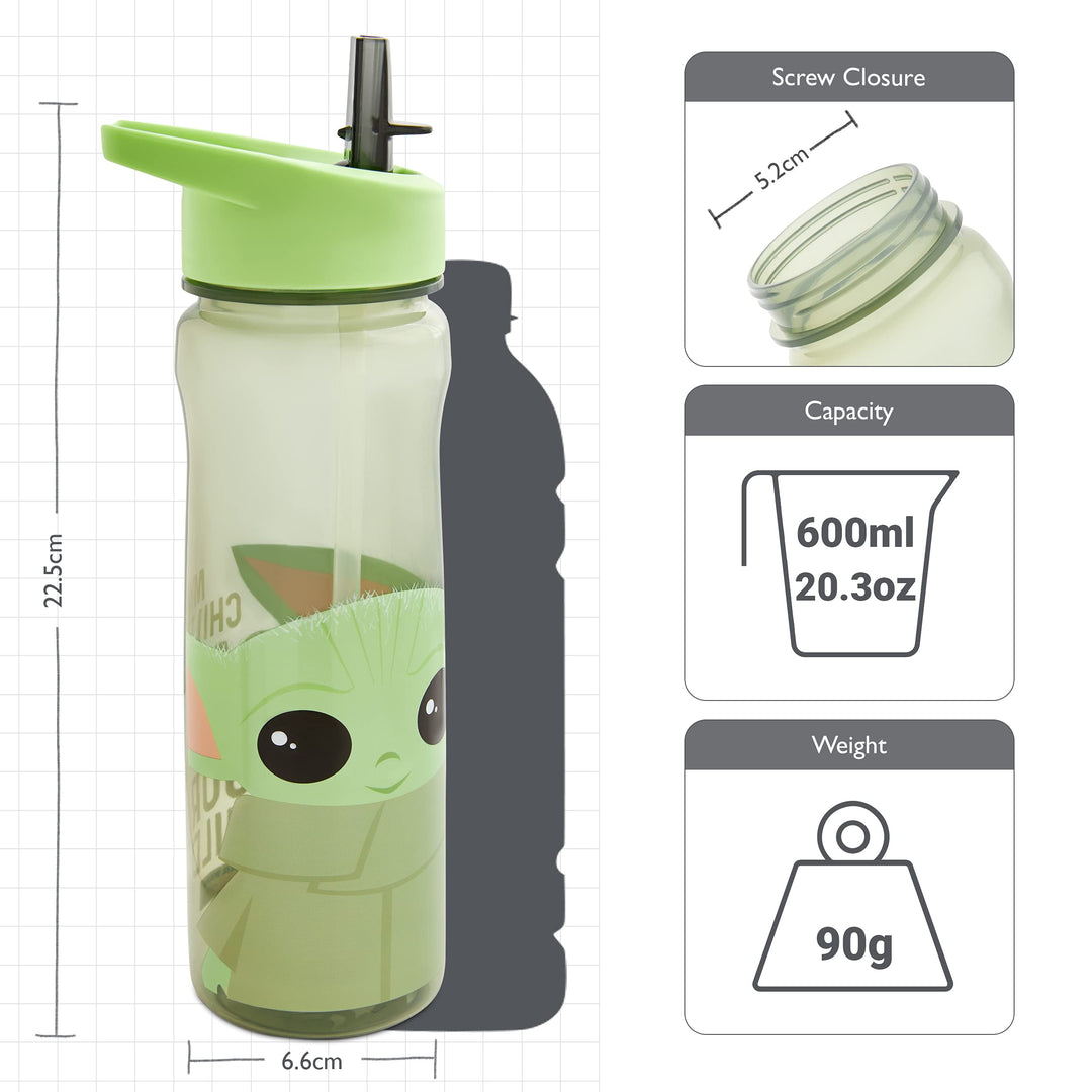 Star Wars Mandalorian 600ml Kids Water Bottles With Straw – Official Grogu Baby Yoda Merchandise by Polar Gear – Reusable, BPA Free & Recyclable PP Kids Water Bottle