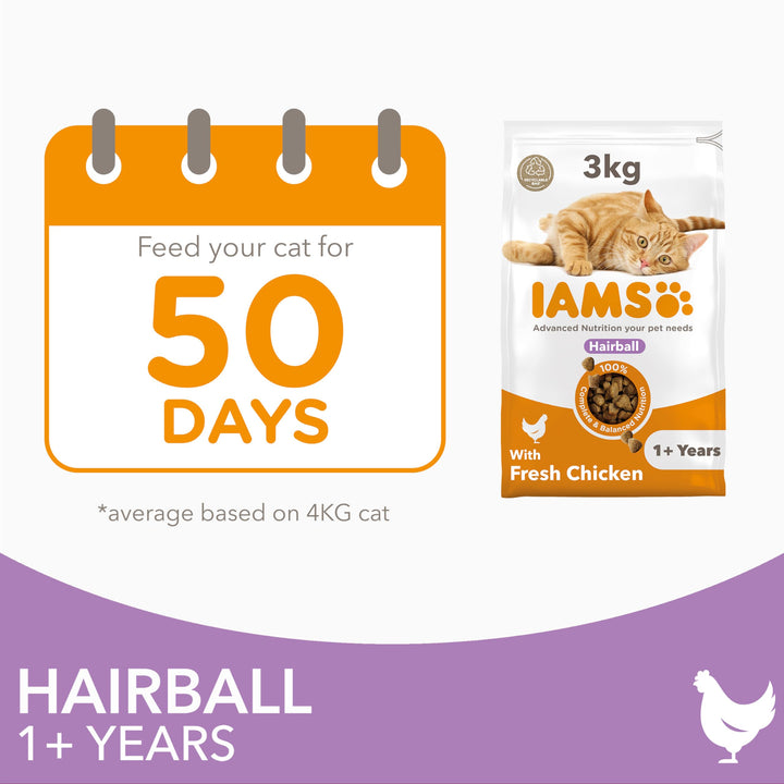 IAMS Hairball Complete Dry Cat Food for Adult and Senior Cats with Chicken 3 kg
