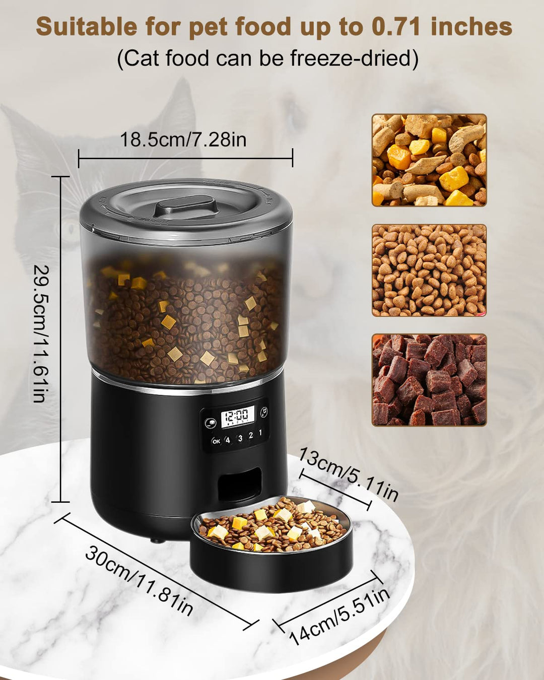 Automatic Cat Feeder, 4L Cat Feeder Automatic with Timer and Cat Bowl, Cat Food Dispenser Anti-blocking and Dual Power Supply