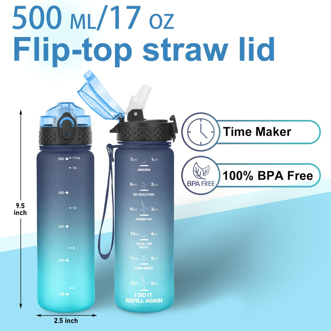 GOPPUS 500ml/17oz Kids Water Bottles with Straw BPA Free Childrens Water Bottle Leakproof Drinks Bottle for School Tritan Girl Boy Sports Water Bottle Reusable Toddler Water Bottle with Time Markings