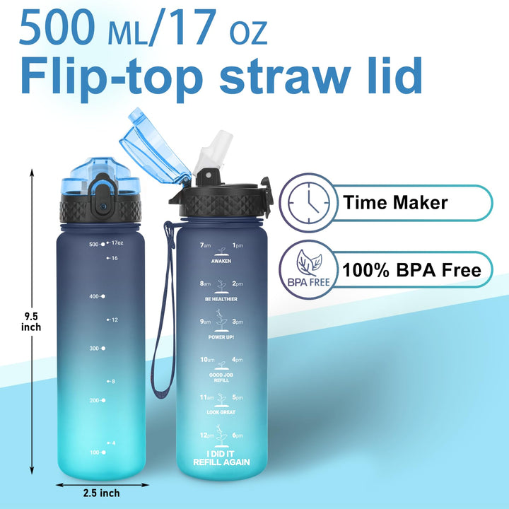 GOPPUS 500ml/17oz Kids Water Bottles with Straw BPA Free Childrens Water Bottle Leakproof Drinks Bottle for School Tritan Girl Boy Sports Water Bottle Reusable Toddler Water Bottle with Time Markings