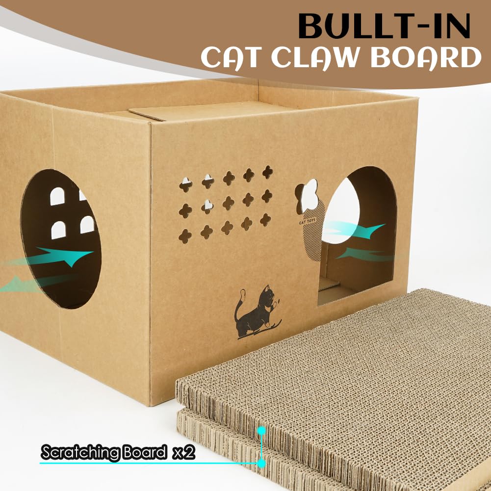 Cat Cardboard House with 2 PCS Scratching Pads，Large Cat Cardboard Scratcher for Indoor Cats with Corrugated Board Detachable Cat Scratcher Box for Cats (Cactus)