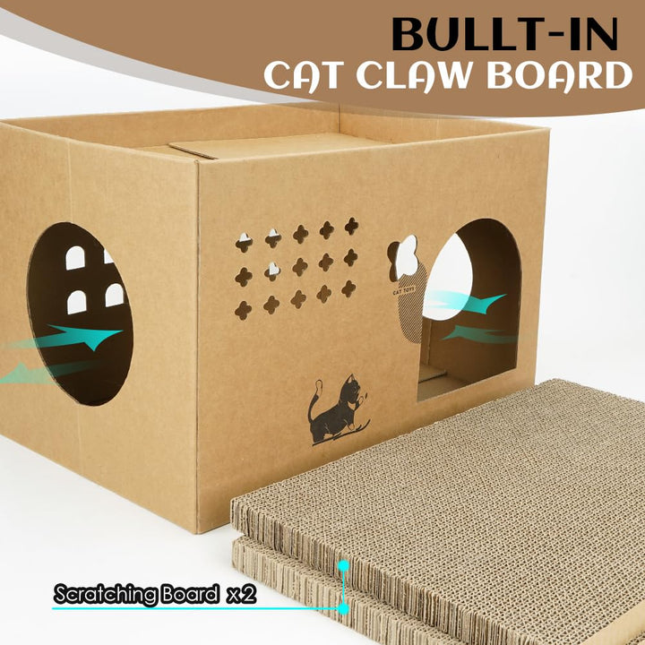 Cat Cardboard House with 2 PCS Scratching Pads，Large Cat Cardboard Scratcher for Indoor Cats with Corrugated Board Detachable Cat Scratcher Box for Cats (Cactus)