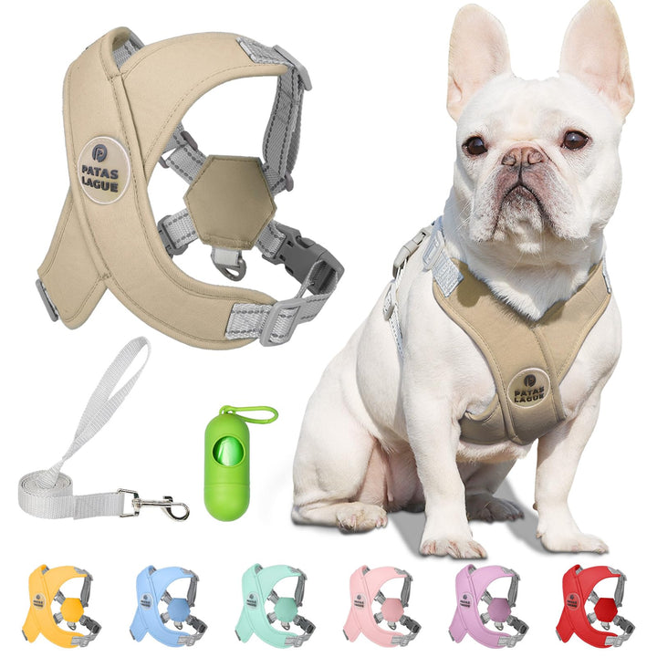 Patas Lague Dog Harness with Leash Adjustable Soft Padded Step-in Dog Vest No Choke No Pull Reflective for Small Medium Dogs with Poop Bags and Dispenser, Solid and No-chew, Brown S