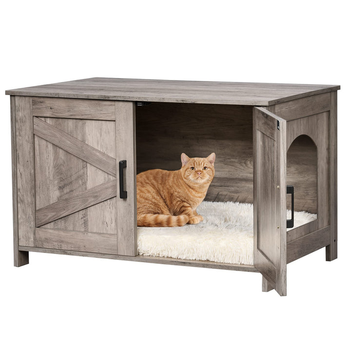 omhedy Cat Litter Box Enclosure,Litter Box Furniture Hidden with Barn Door,Wooden Cat Washroom Furniture,Cat House