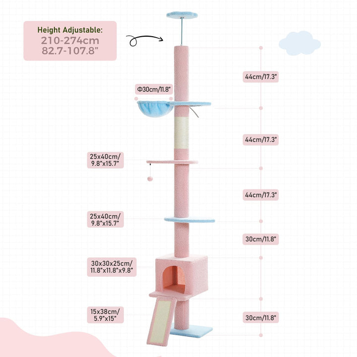 PAWZ Road Flower Cat Tree Floor to Ceiling with Height Adjustable 216cm to 273cm, Cat Tower with Spacious Activity Space