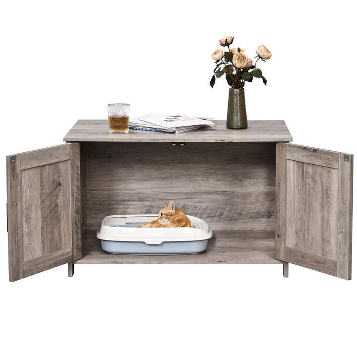 omhedy Cat Litter Box Enclosure,Litter Box Furniture Hidden with Barn Door,Wooden Cat Washroom Furniture,Cat House