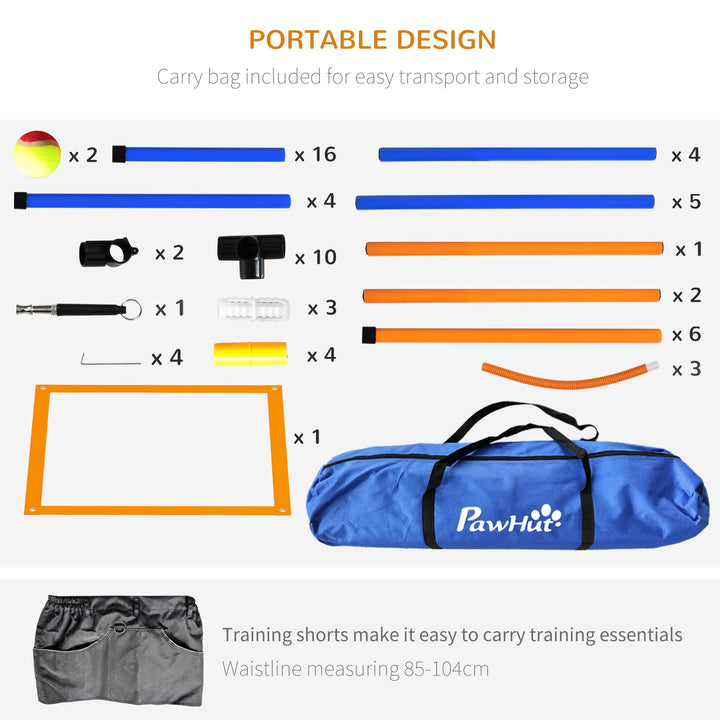PawHut Dog Agility Equipment Set, 8 Piece Outdoor Agility Kit w/Weave Poles, Adjustable High Jump Ring, Hurdle, Pause Box, Tennis Balls, Whistle, Training Shorts, Carrying Bag, for Dogs - Orange