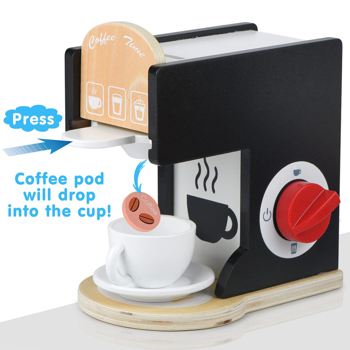 Play Kitchen Accessories Kids Wooden Coffee Maker Toy Espresso Machine Toddler Toy Kitchen Sets for Girls and Boys (black)