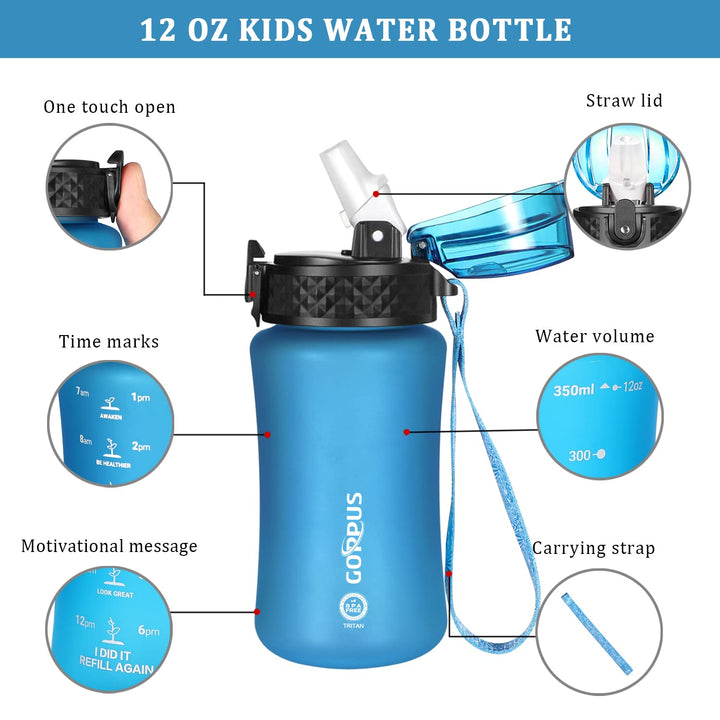 GOPPUS 350ml/12oz Kids Water Bottles With Straw Toddler Drinks Bottle for School Leakproof Children's Bottle with Time Marking Small Bottle BPA free Tritan Sport Bottle Juice Bottles for Girls Boys