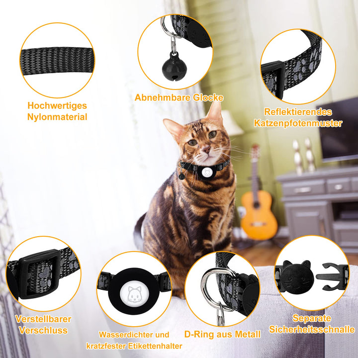 Airtag Cat Collar, Soarfly Reflective Cat Collar with Safety Closure, Bell, Cat Collar with AirTag Holder, Name Address