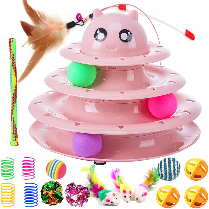 17 Pack Cat Toys Interactive for Indoor Cats Kitten Toy Fun Roller 3 Level Cat Teaser Ball Toys with Cat Feather Wand