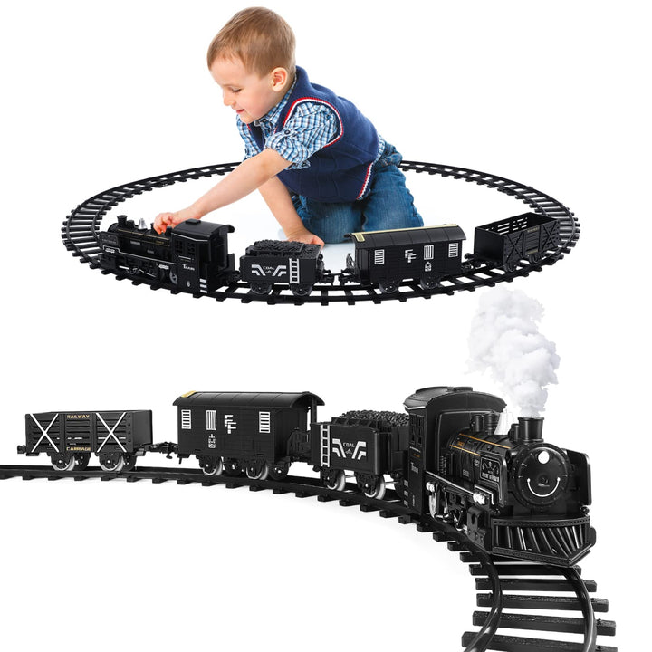 Train Set with Steam Locomotive Engine, Electric Train Toy for Boys Girls with Smokes