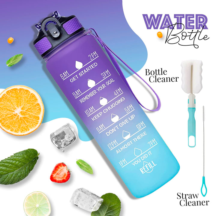 1000ml Motivational Sports Water Bottle with Straw
