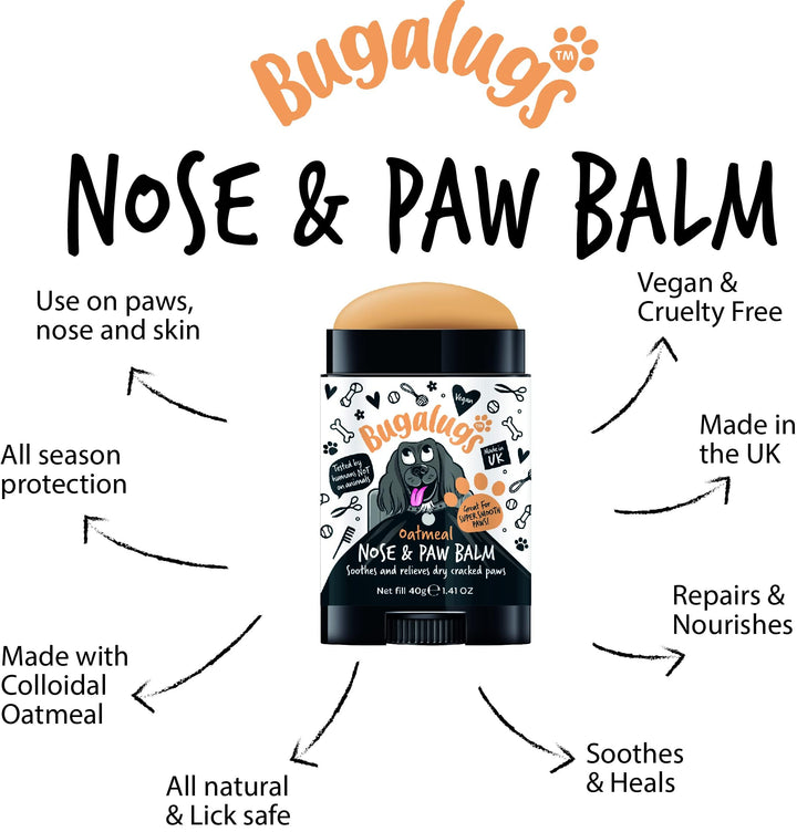 BUGALUGS Dog nose balm, Natural lick safe Paw balm for dogs contains Colloidal Oatmeal, Dog paw cream Vegan formula nose balm for dogs reduces skin irritation and redness. (40g Stick)