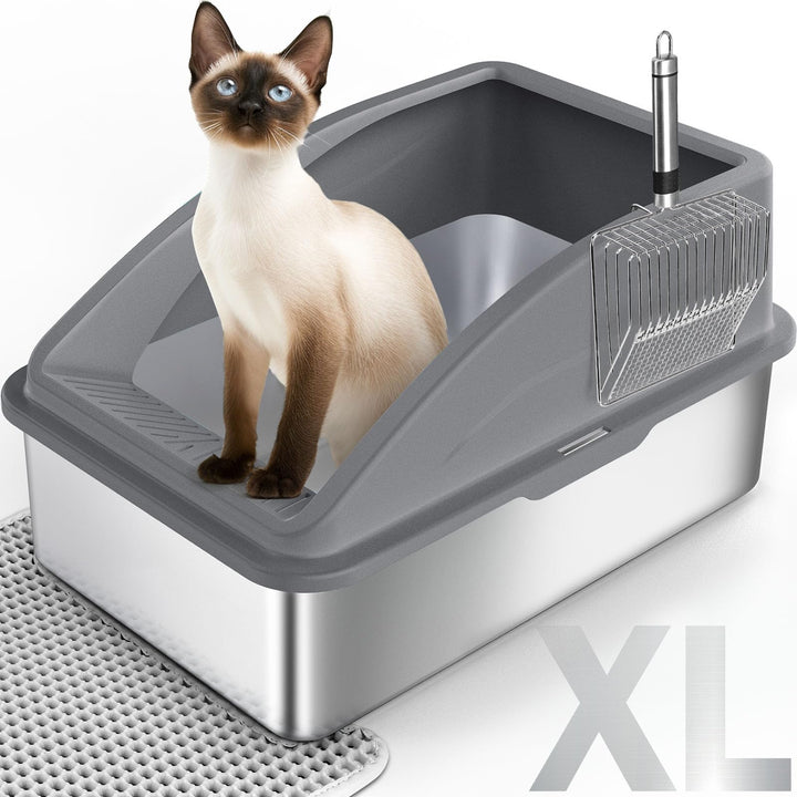 FURTIME Stainless Steel Cat Litter Tray Grey with Detachable Enclosure, 31cm High Sided Cat Litter Box Anti-Spillage and 60cm Extra Large Litter Tray with Lid for All Cats, with Litter Scoop & Mat