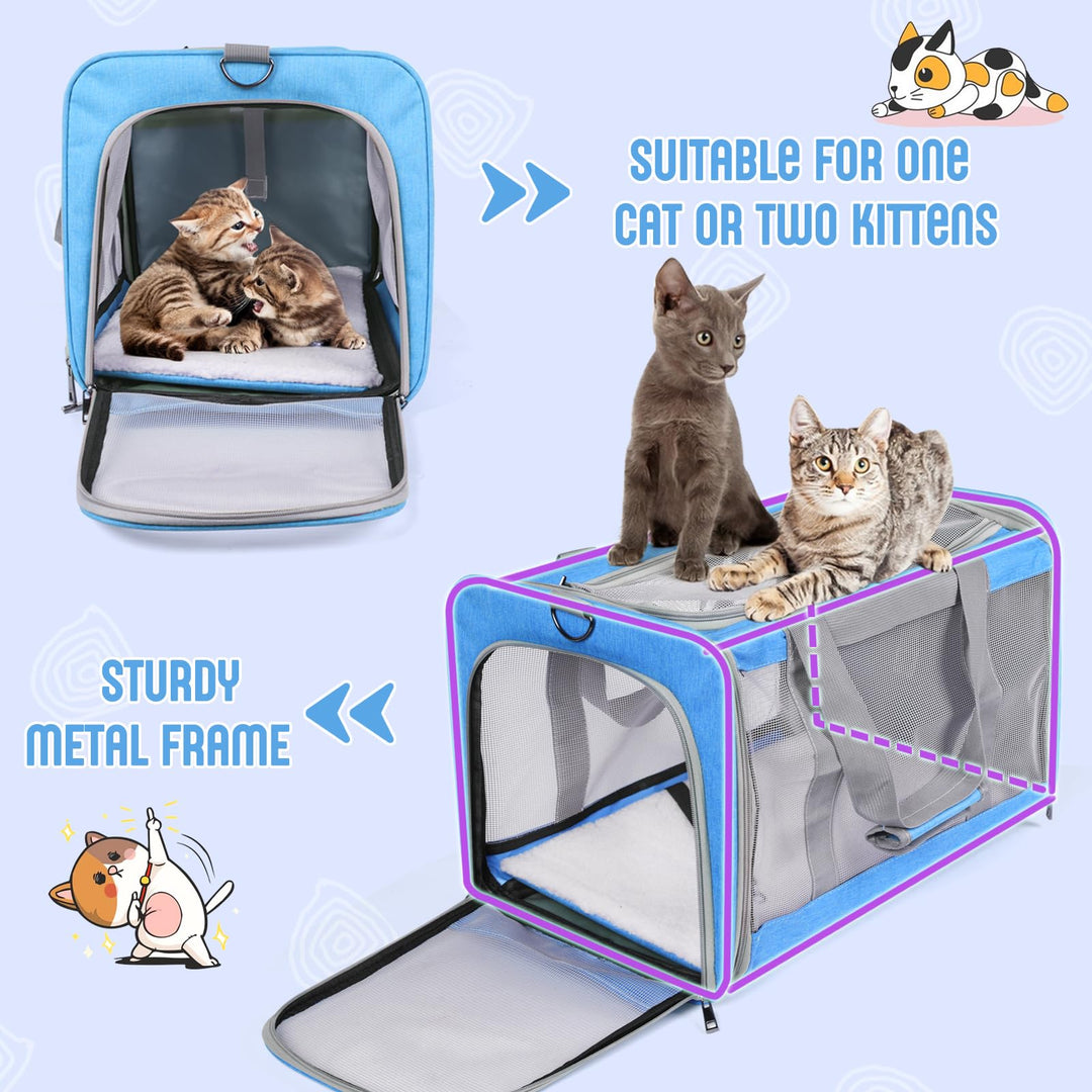 TIYOLAT Cat Carrier, Pet Carrier Airline Approved, Kitten Carrier for Small Dogs Cats Under 16 Lbs, Collapsible Soft Sided Puppy Carrier with Adequate Ventilation,4 Mesh Windows,3 Entrances (Blue)
