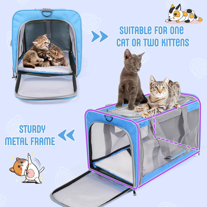 TIYOLAT Cat Carrier, Pet Carrier Airline Approved, Kitten Carrier for Small Dogs Cats Under 16 Lbs, Collapsible Soft Sided Puppy Carrier with Adequate Ventilation,4 Mesh Windows,3 Entrances (Blue)