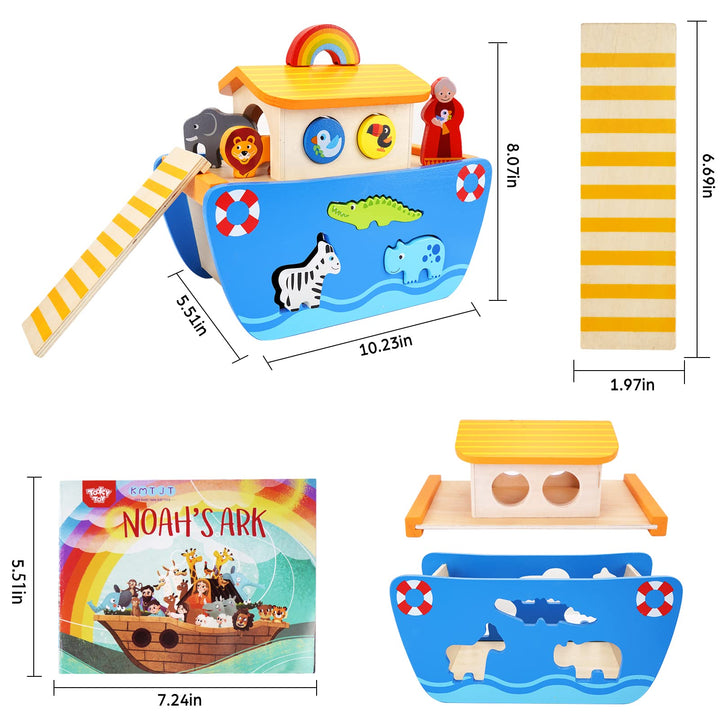 KMTJT Toddlers Wooden Noah's Ark Toy Animal Playset, Baptism Gifts for 2 3 Boys Girls, Shape Sorter Early Learning Montessori Toys with Bible Story Book for 24 Months Babies