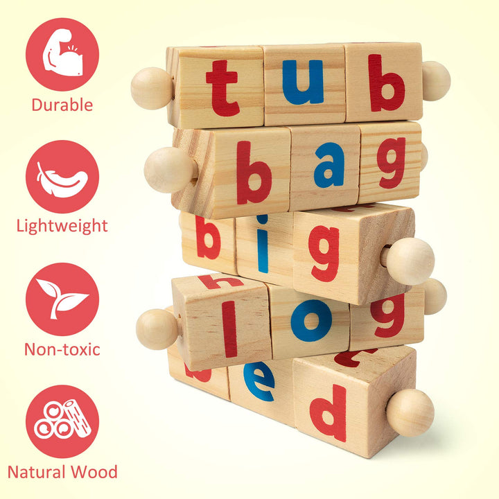 Coogam Wooden Reading Blocks Short Vowel Rods Spelling Games, Flash Cards Turning Rotating Letter Puzzle for kids, Sight Words Montessori Spinning Alphabet Learning Toy for Preschool Boys Girls