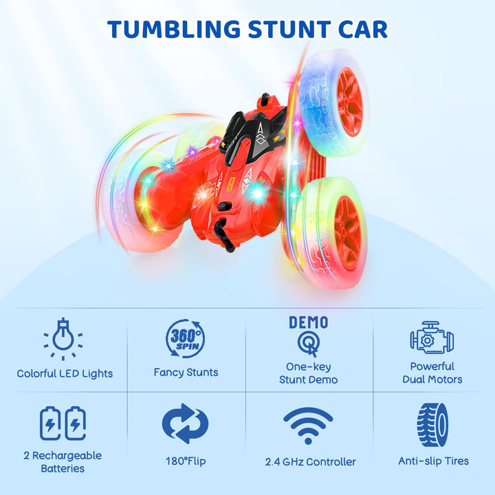 SGILE Remote Control Car, Stunt Car with Sides Light Strip and Headlights, 2.4Ghz Double Sided 360 Flips Rotating Race Car, Rechargeable RC Car Kids Toy for Boys Girls Birthday Gift, Red