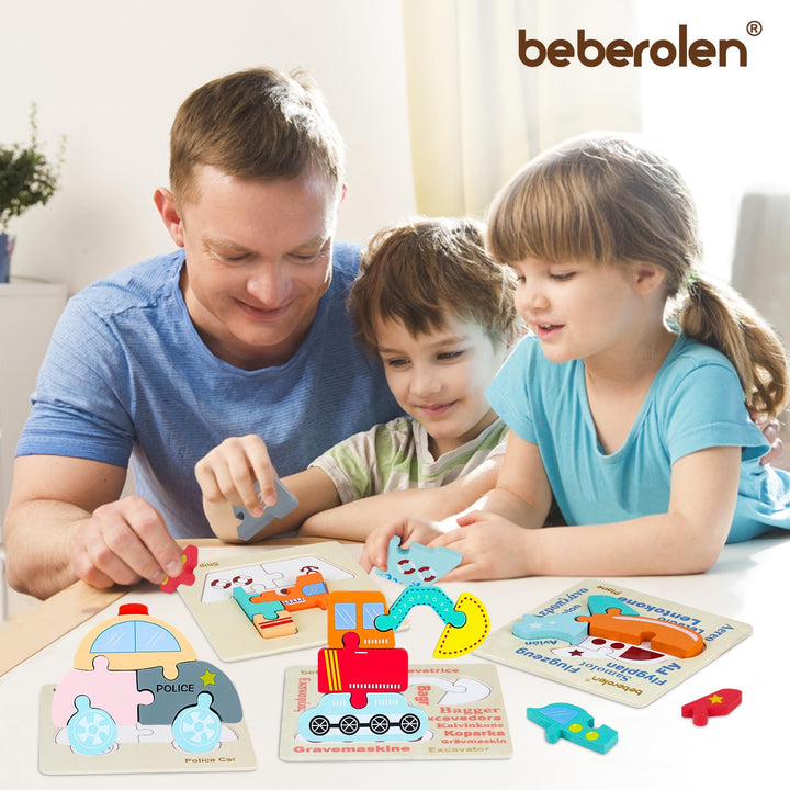 Beberolen Wooden Vehicle Puzzles for Toddlers 1 2 3 Years Old, Boys and Girls Educational Toys Gift with 4 Traffic Shape, Montessori Learning Toys for Kids Baby, Bright Vibrant Color Shape