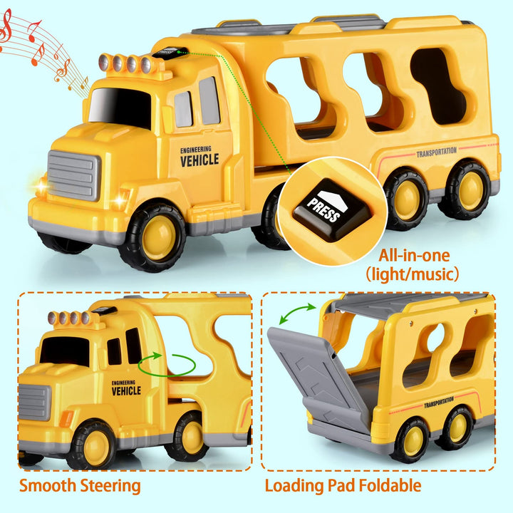 5 in 1 Toddler Cars Toys Construction Toddler Truck Toys for 6+ Year Old Boys, Friction Power Toy Vehicle Carrier Truck Toys for Kids 3-5, Christmas Birthday Gifts for Boys Girls - 6+ Ages