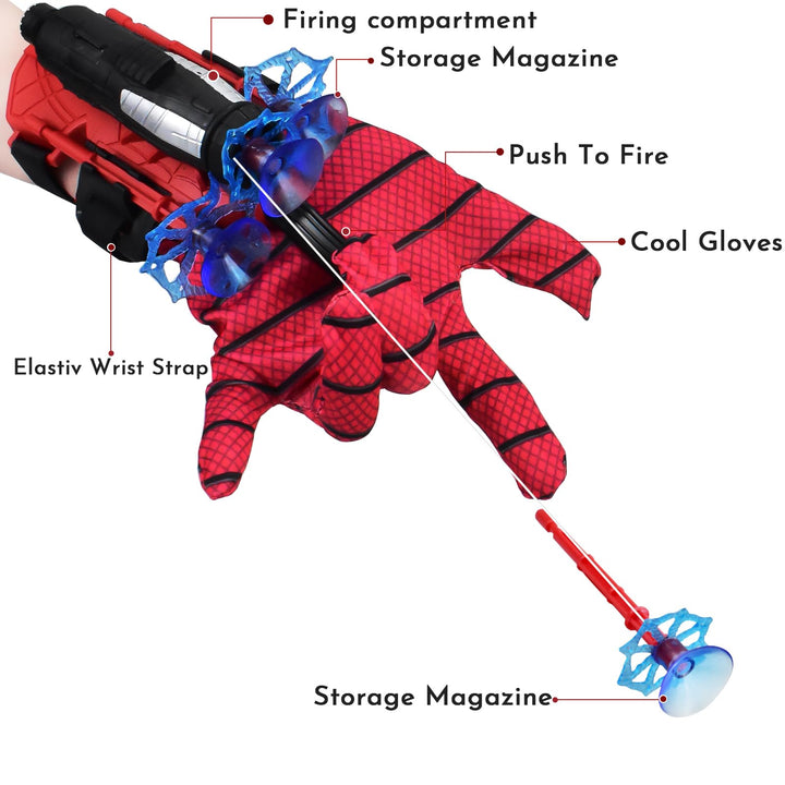 2PCS Spiderman Web Shooter,Spider Web Shooter with 6 Darts,Gloves for Kids, Costume Cosplay Gift (Red)