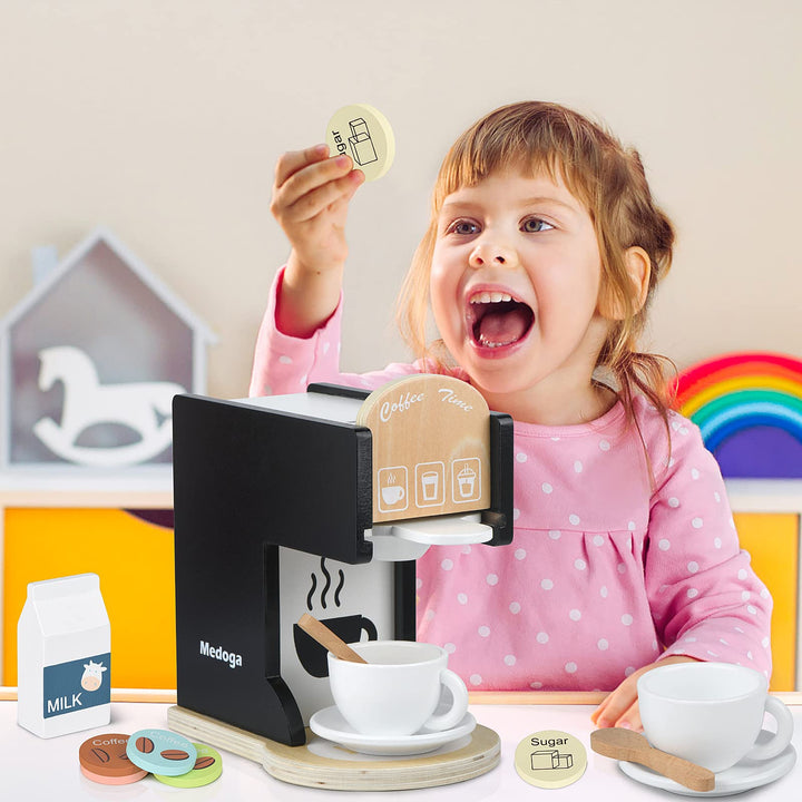 Play Kitchen Accessories Kids Wooden Coffee Maker Toy Espresso Machine Toddler Toy Kitchen Sets for Girls and Boys (black)