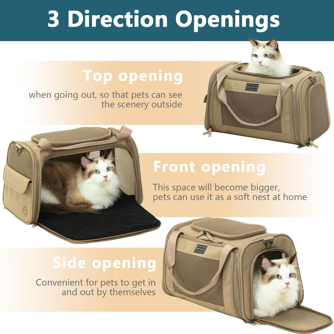Petsfit Airline Approve Cat Carrier, Lightweight Travel Use Dog Carrier for Small Dogs, Quadrangle Oxford Fabric and Ventilation Mesh，Soft Sided Pet Travel Carrier with Expandable mat，Khaki