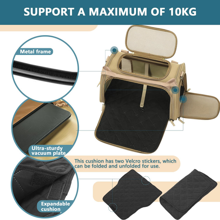 Petsfit Airline Approve Cat Carrier, Lightweight Travel Use Dog Carrier for Small Dogs, Quadrangle Oxford Fabric and Ventilation Mesh，Soft Sided Pet Travel Carrier with Expandable mat，Khaki